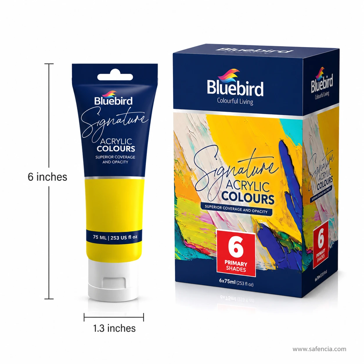 Bluebird Signature Primary acrylic 75 mL tube dimension diagram showing 6 inch height and 1.3 inch diameter