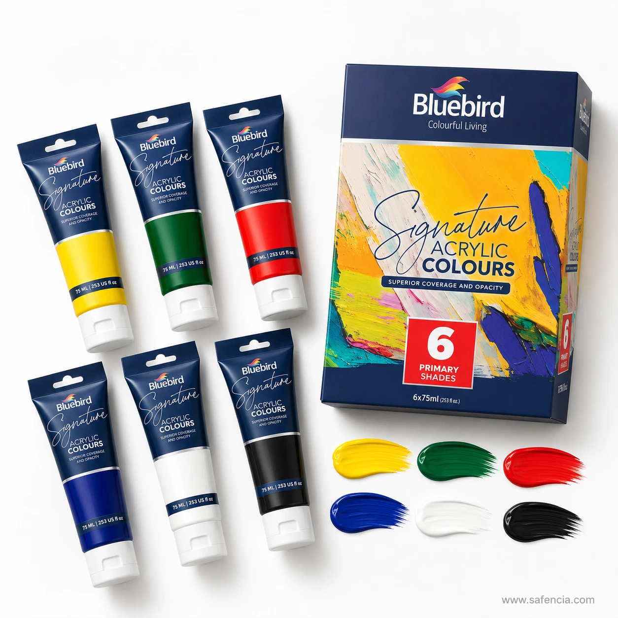 Bluebird Signature Primary six tubes displayed in two rows beside box with rich paint swatches