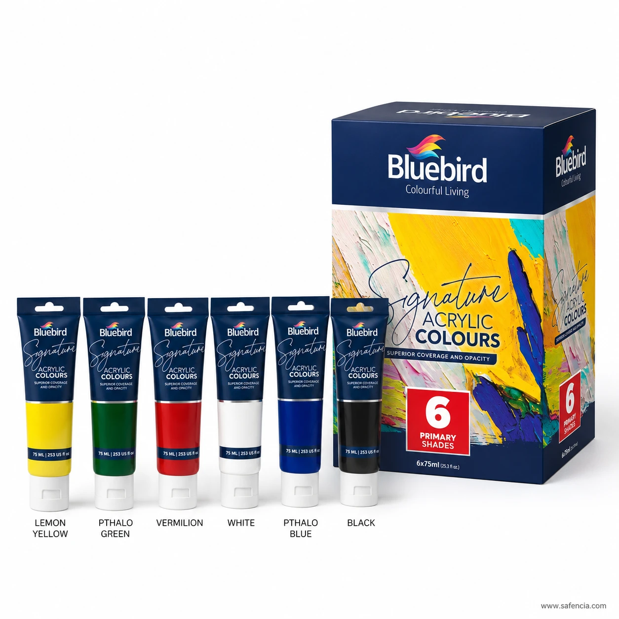 Bluebird Signature Primary six acrylic tubes standing in front of vibrant artist packaging box
