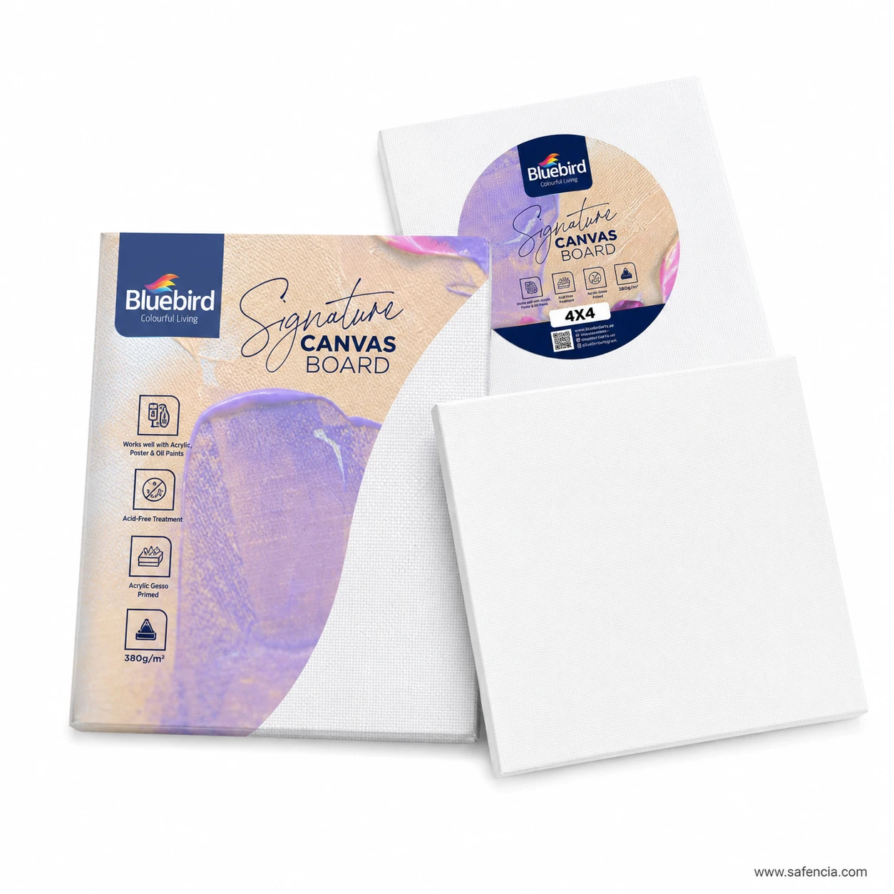 Bluebird Signature Stretched Canvas Board front white primed side and rear wooden frame perspective