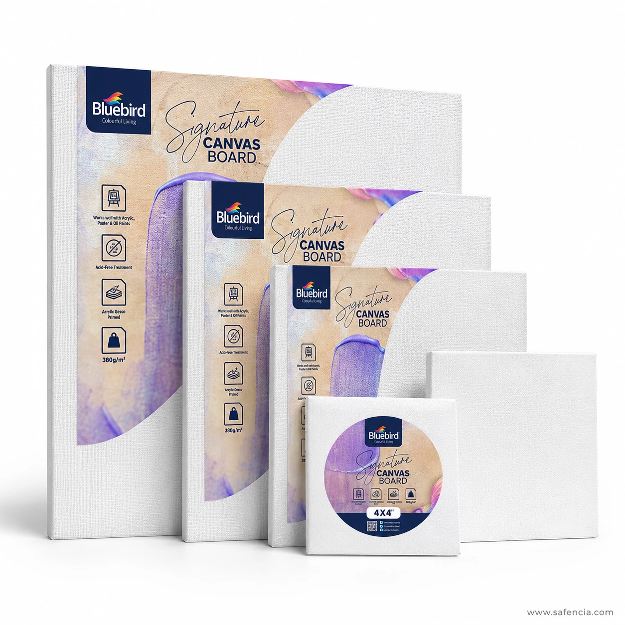 Bluebird Signature Stretched Canvas Boards arranged in nested size tiers from mini 4x4 up to large formats