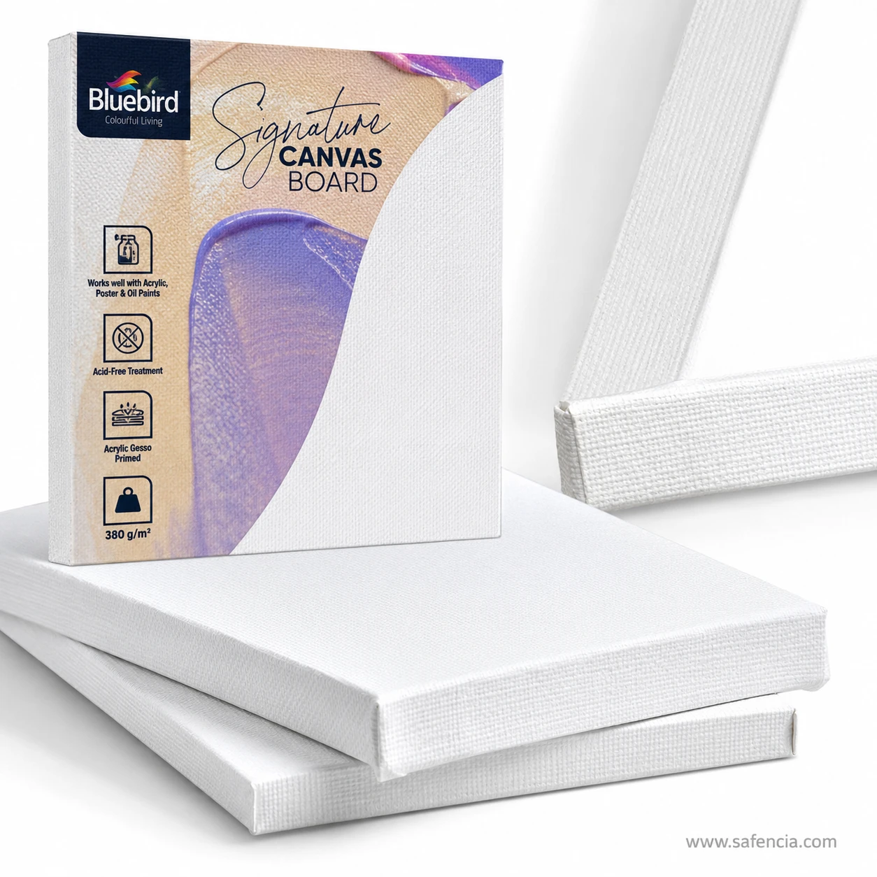 Bluebird Signature Stretched Canvas Boards stacked showing solid pinewood profile depth and tight edges