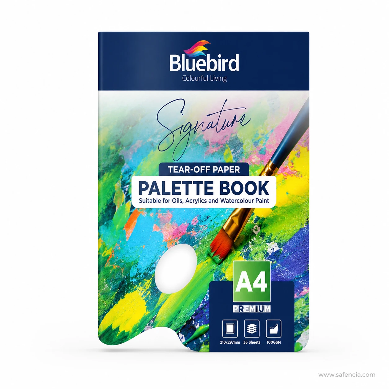 Bluebird Signature Tear-Off Paper Palette Book A4 size front view highlighting 36 sheets and thumbhole