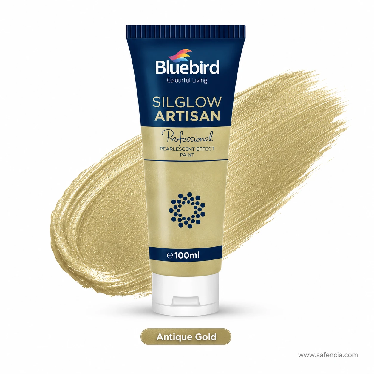 Bluebird Silglow Artisan 100 mL Antique Gold tube with deep warm vintage gold acrylic swatch