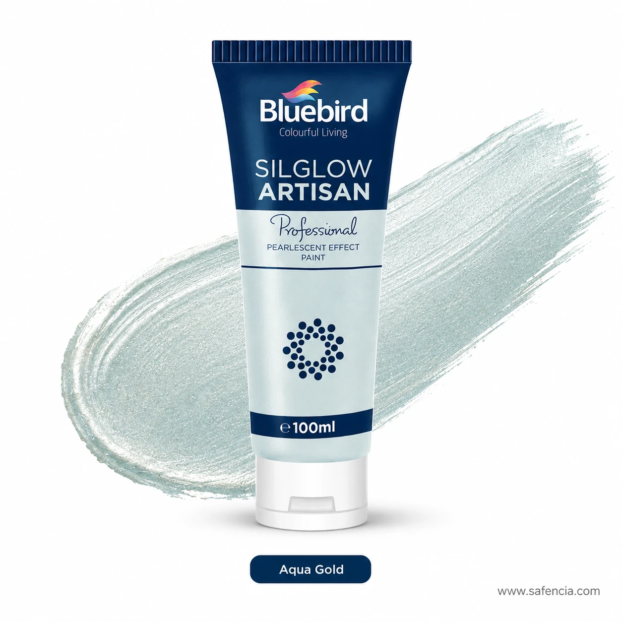 Bluebird Silglow Artisan 100 mL Aqua Gold tube with shimmering turquoise-gold metallic paint swatch