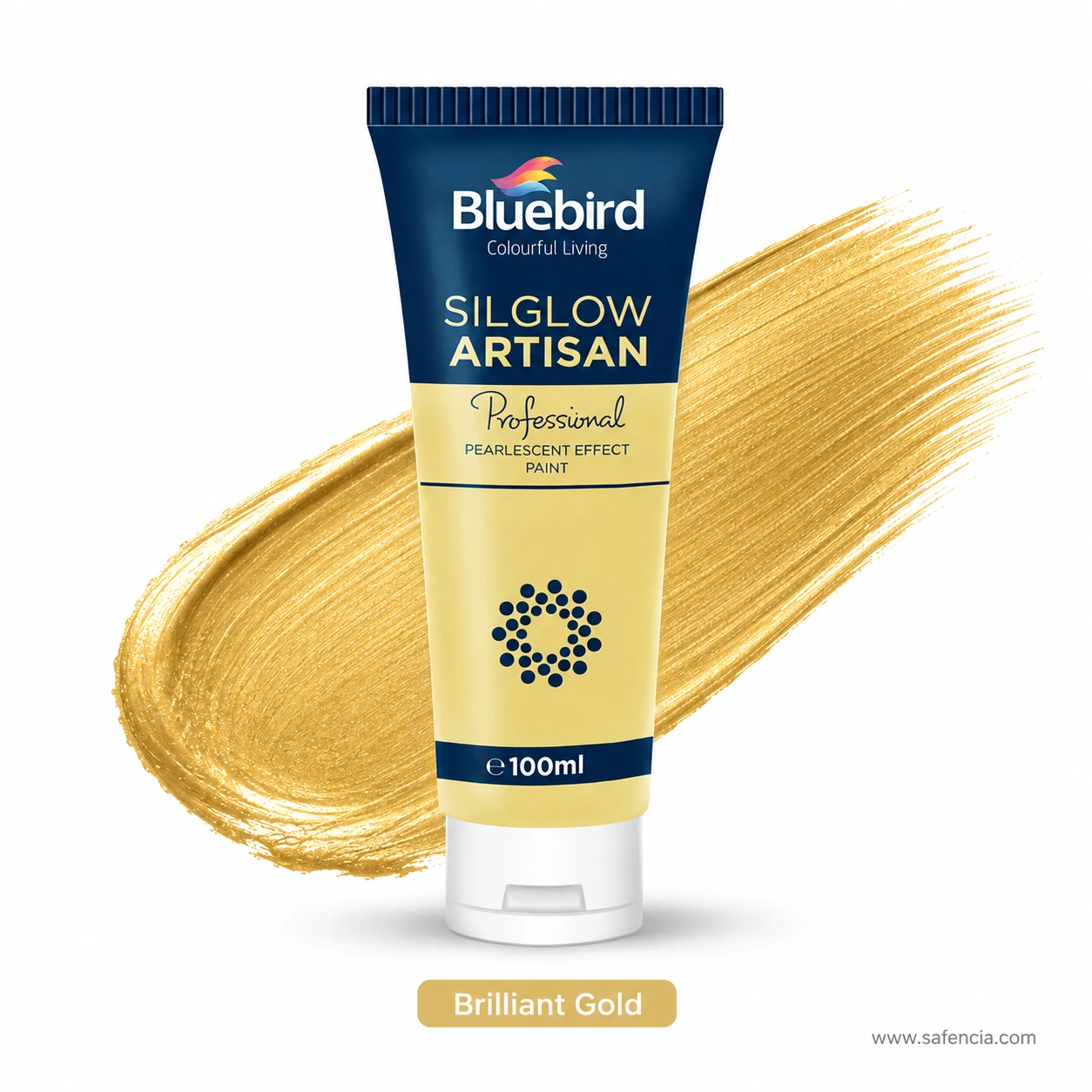 Bluebird Silglow Artisan 100 mL Brilliant Gold tube with gleaming rich gold acrylic paint swatch