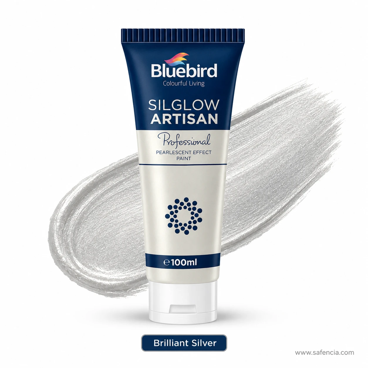 Bluebird Silglow Artisan 100 mL Brilliant Silver tube with radiant sparkling silver metallic paint swatch