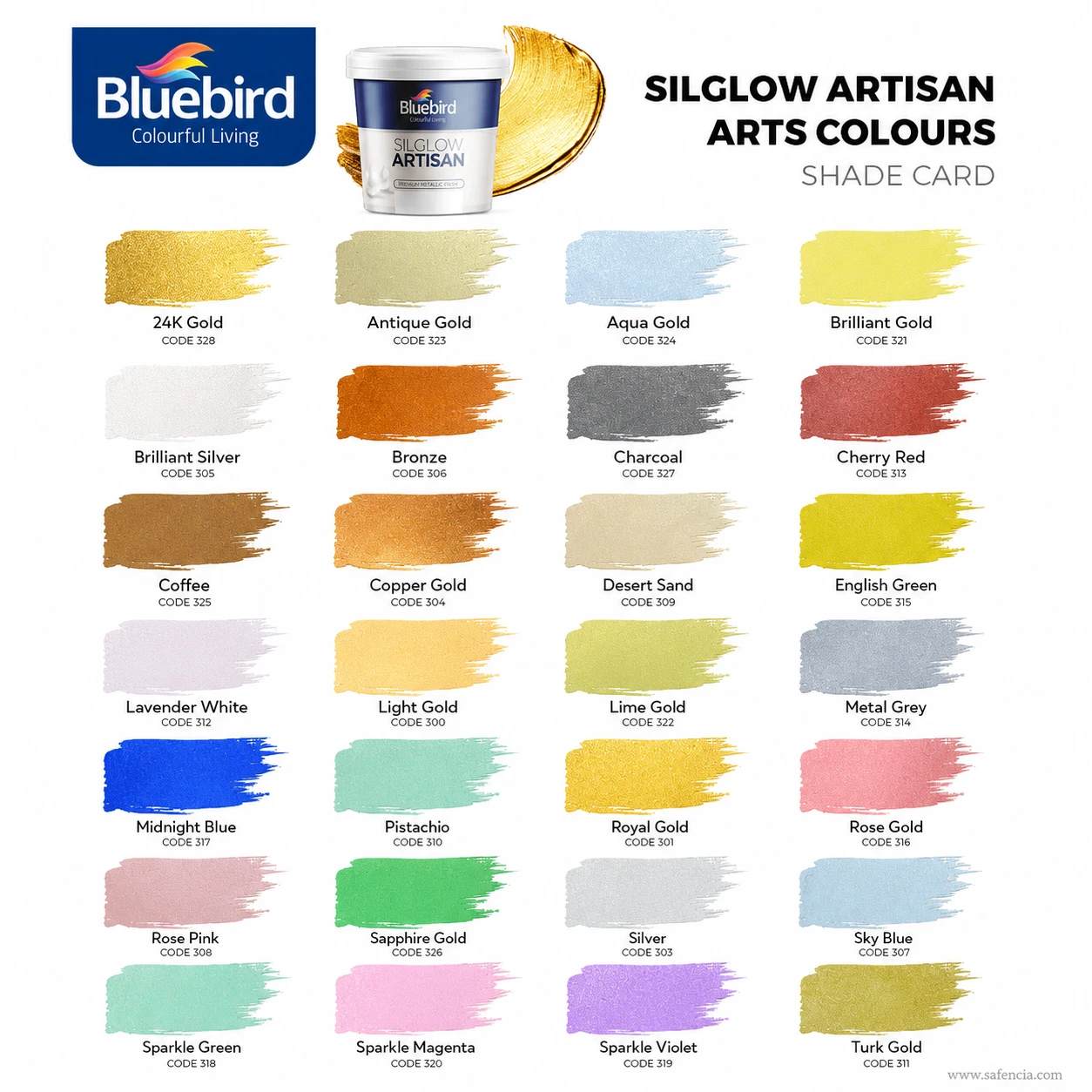 Bluebird Silglow Artisan 100 mL complete shade card lineup displaying pearlescent and metallic colour swatches