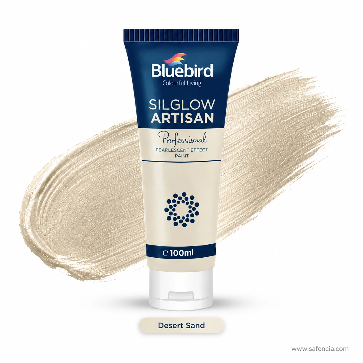 Bluebird Silglow Artisan 100 mL Desert Sand tube with warm pearlescent golden beige paint swatch