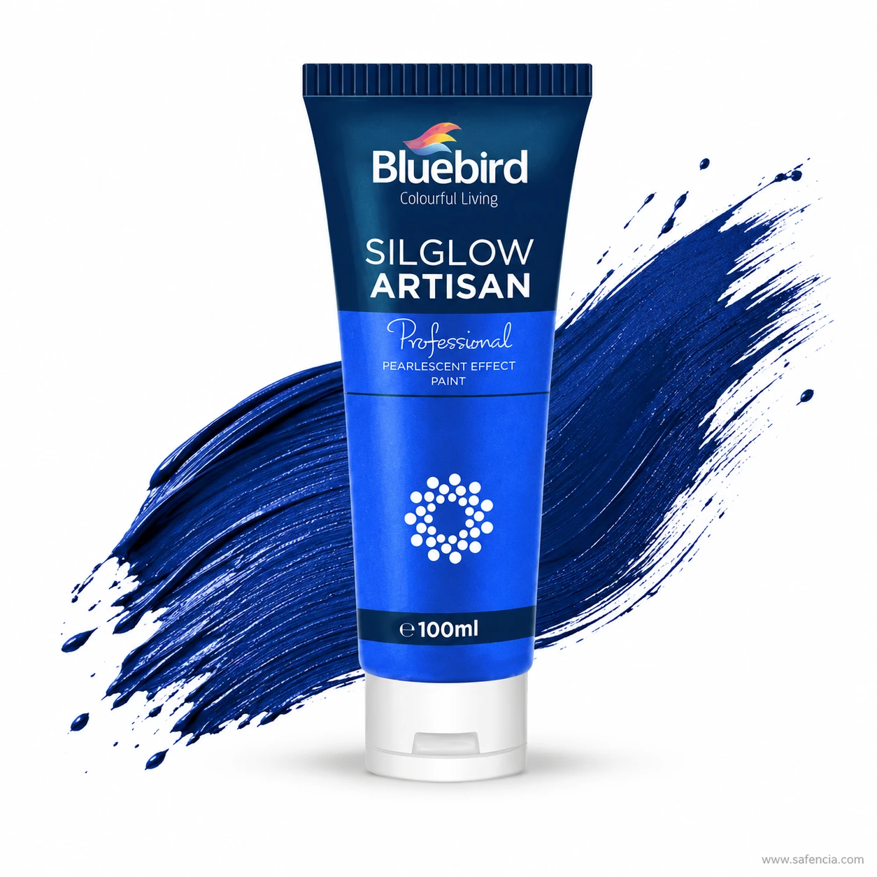 Bluebird Silglow Artisan 100 mL tube accompanied by dynamic metallic paint splash