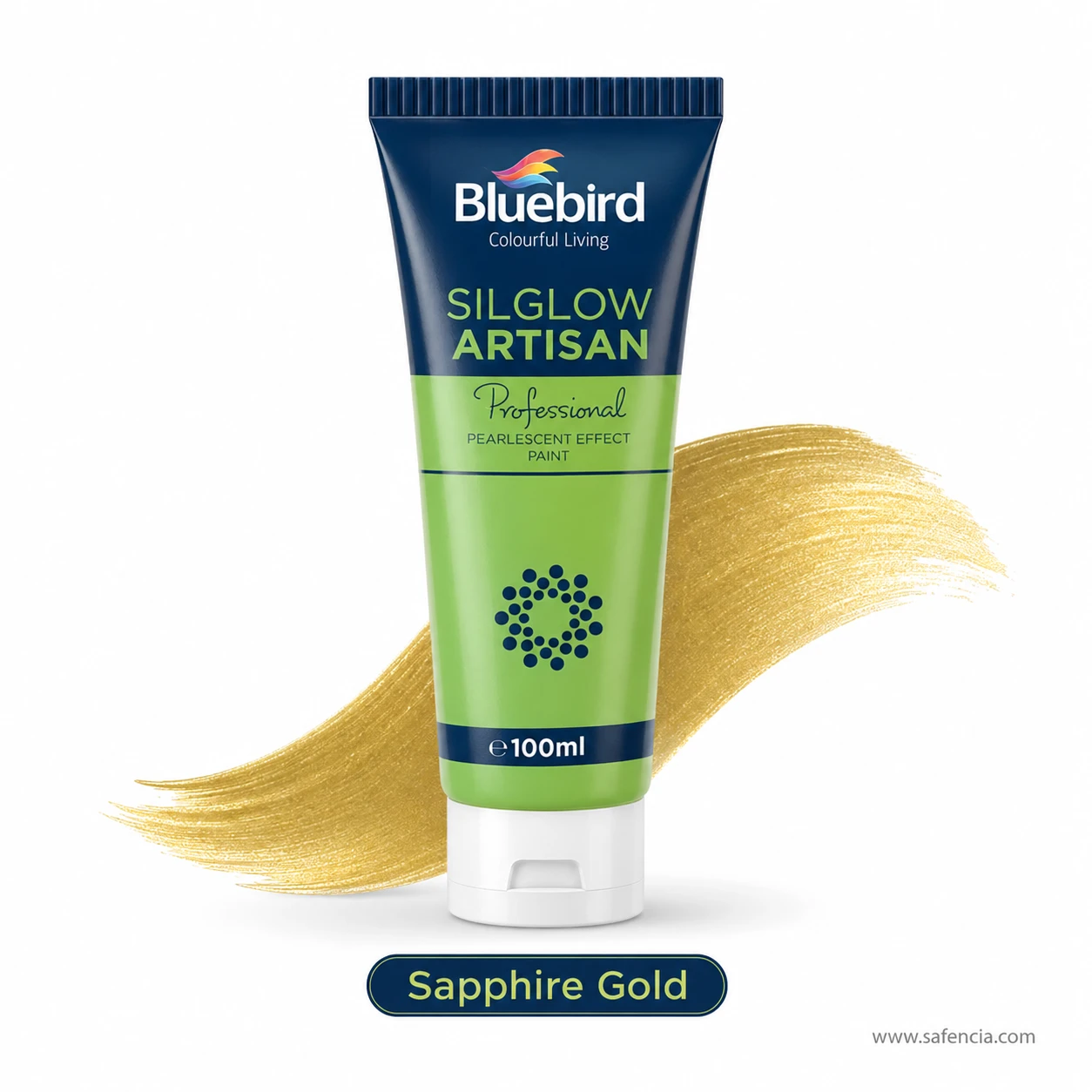 Bluebird Silglow Artisan 100 mL Sapphire Gold tube with deep cobalt blue-gold pearlescent paint swatch