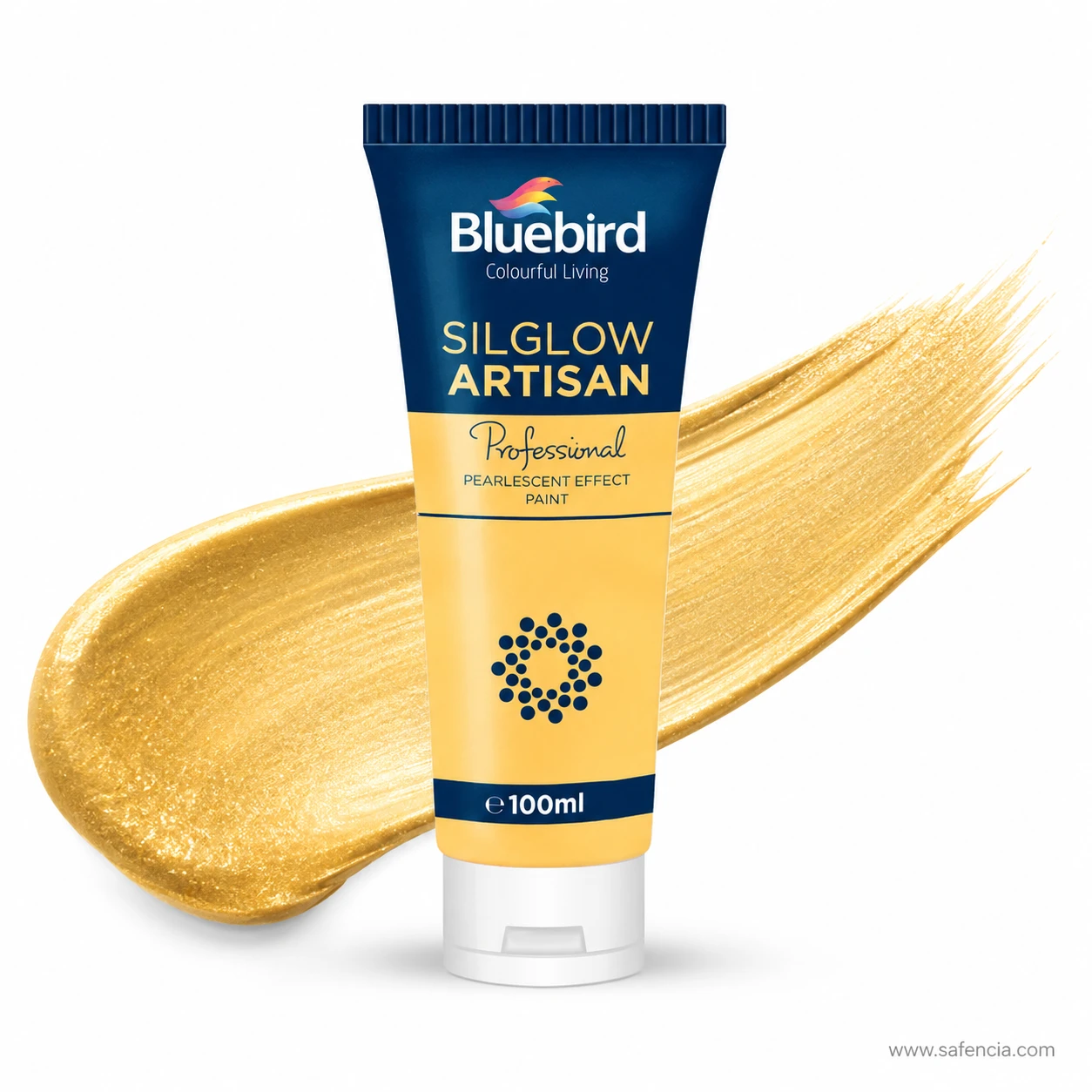 Bluebird Silglow Artisan 100 mL tube beside curved golden pearlescent paint stroke
