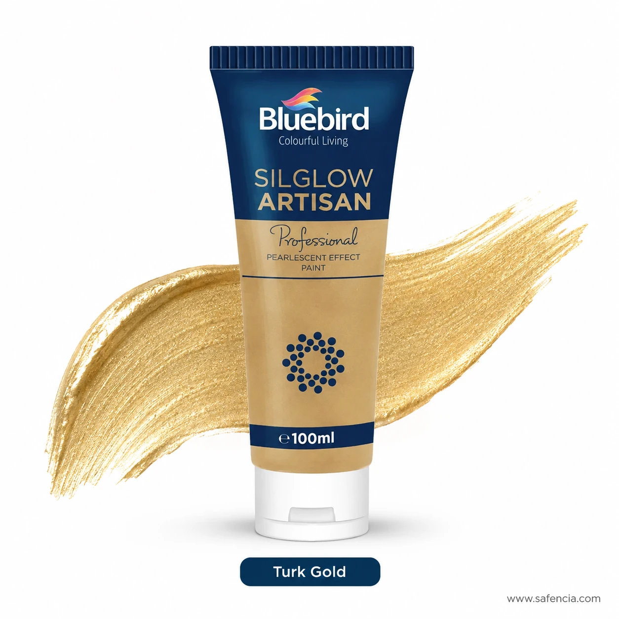 Bluebird Silglow Artisan 100 mL Turk Gold tube with vibrant rich warm gold metallic paint stroke
