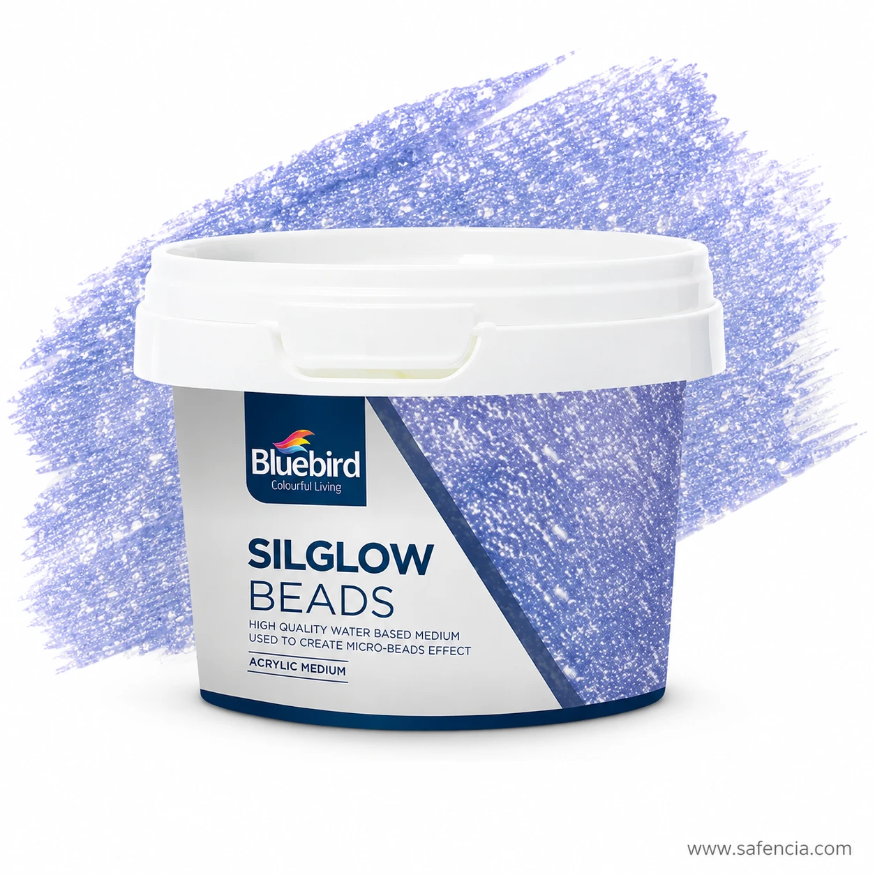 Bluebird Silglow Beads 100g tub displayed against wide textured purple micro-bead stroke background
