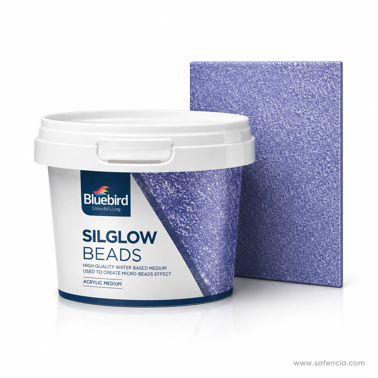 Bluebird Silglow Beads 100g tub shown next to large vertical textured board with glittering granular finish