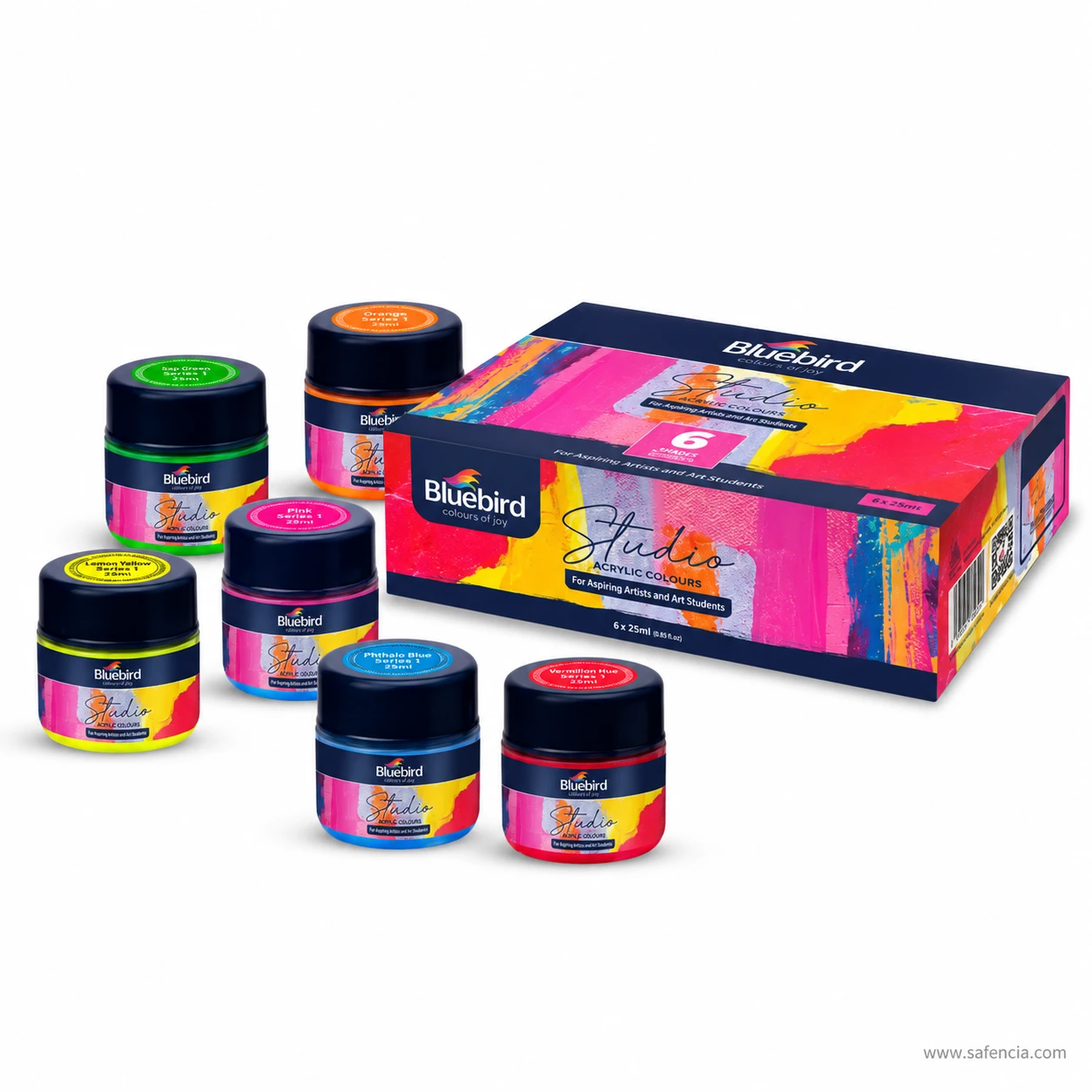 Bluebird Studio Acrylic Colours 25 mL Set of 6 jars standing in front of vibrant artistic box