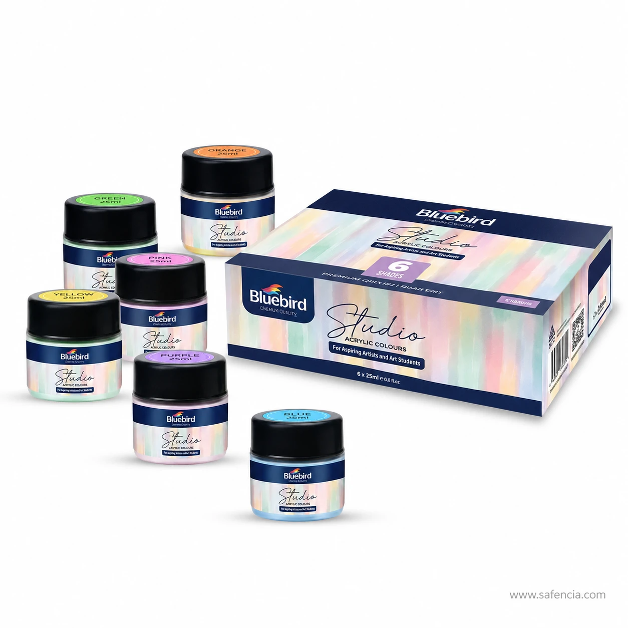 Bluebird Studio Acrylic Colours 25 mL Set of 6 box shown with six standing jars in colourful lineup