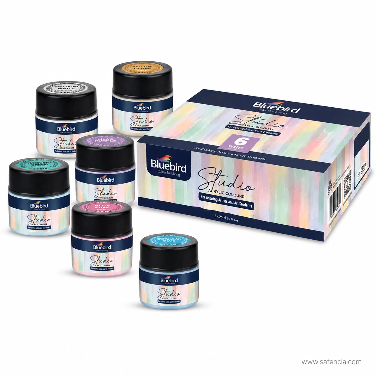 Bluebird Studio Acrylic Colours 25 mL Set of 6 box packaging angle with individual jars displayed