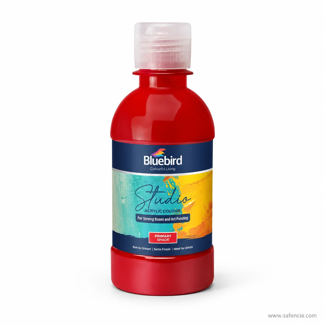 Bluebird Studio Acrylic Colours Vermilion 250 mL bottle showing colourful label and primary shade badge