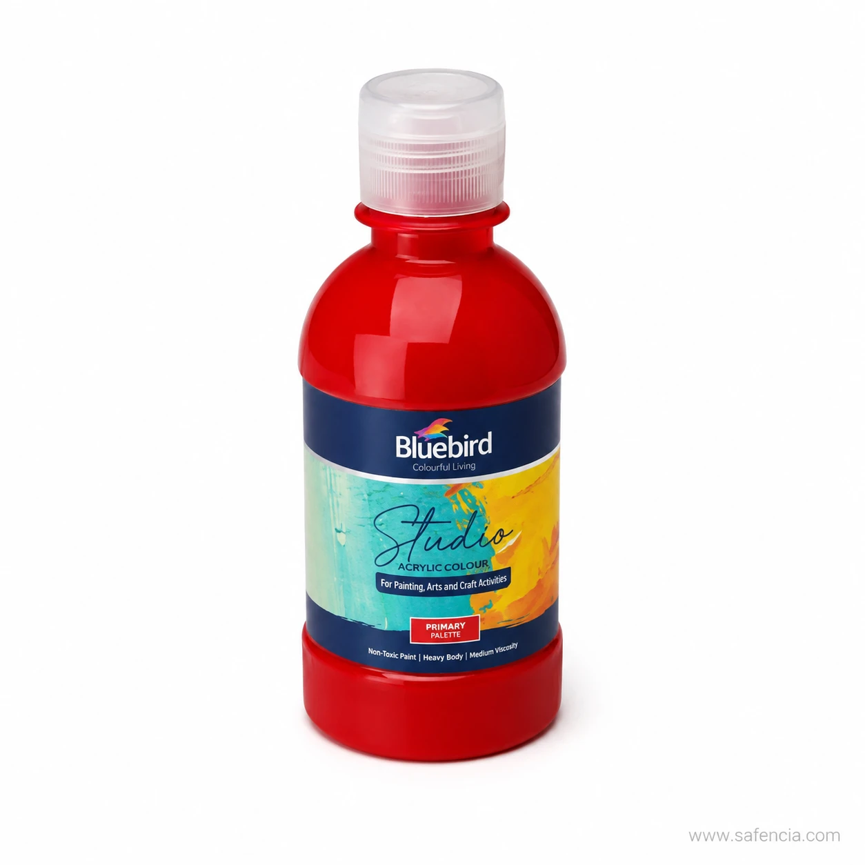 Bluebird Studio Acrylic Colours Vermilion 250 mL bottle displaying heavy body medium viscosity label details