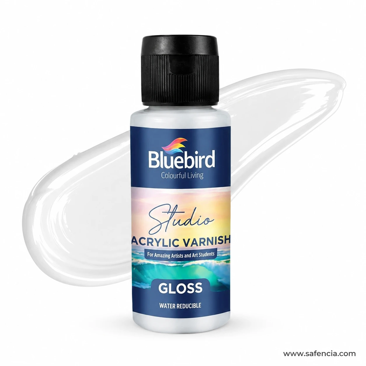 Bluebird Studio Acrylic Gloss Varnish 100 mL bottle displayed with crystal-clear glossy liquid varnish smear