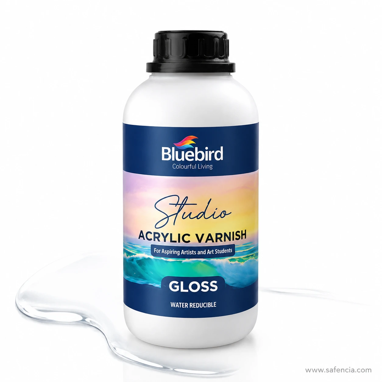 Bluebird Studio Acrylic Gloss Varnish 500 mL large studio bottle shown with clear glossy varnish pool