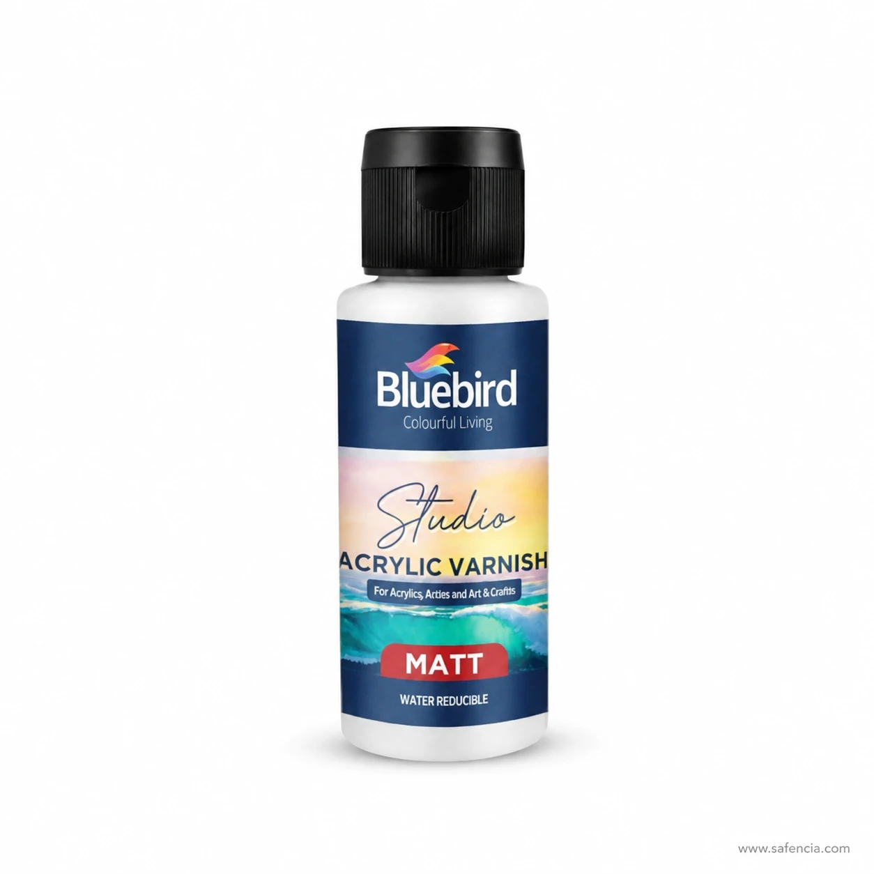 Bluebird Studio Acrylic Matt Varnish bottle showing colourful studio packaging and black flip-top cap