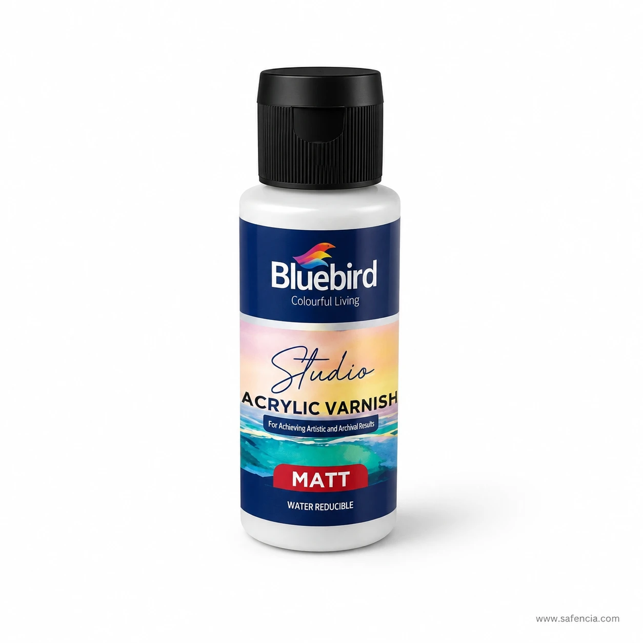 Bluebird Studio Acrylic Matt Varnish bottle displaying water reducible archival label specifications