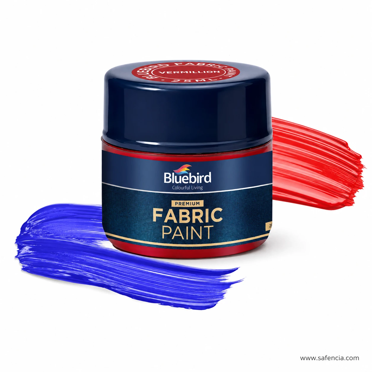 Bluebird Fabric Paint 25 mL single jar with smooth vibrant blue brush stroke swatch on white background