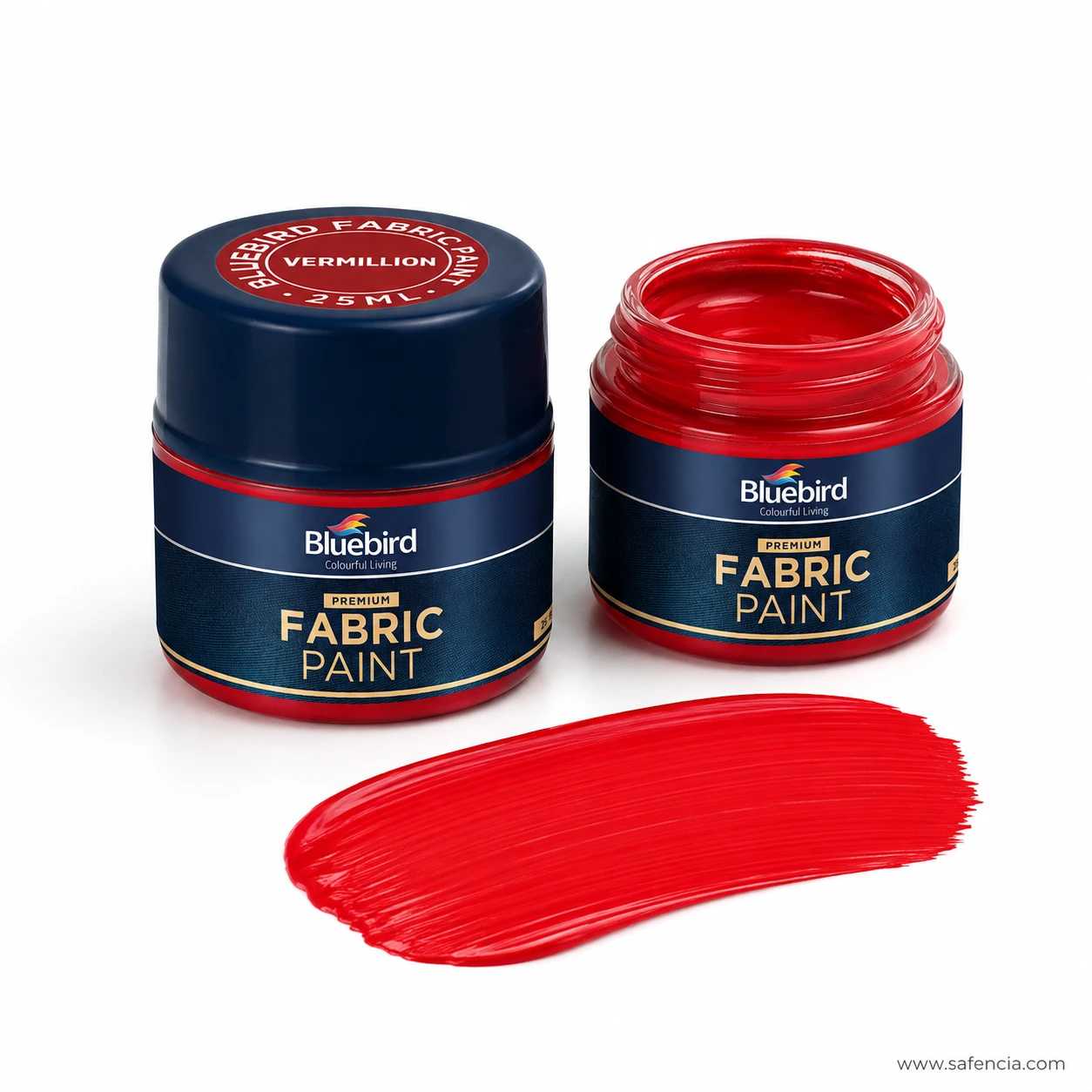 Bluebird Fabric Paint 25 mL open jar showing creamy metallic texture and vibrant red swatch