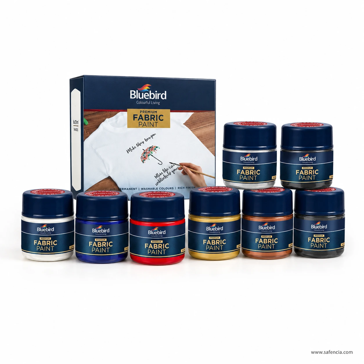 Bluebird Fabric Paints 25 mL complete collection box with multiple 25ml jars arranged on white background
