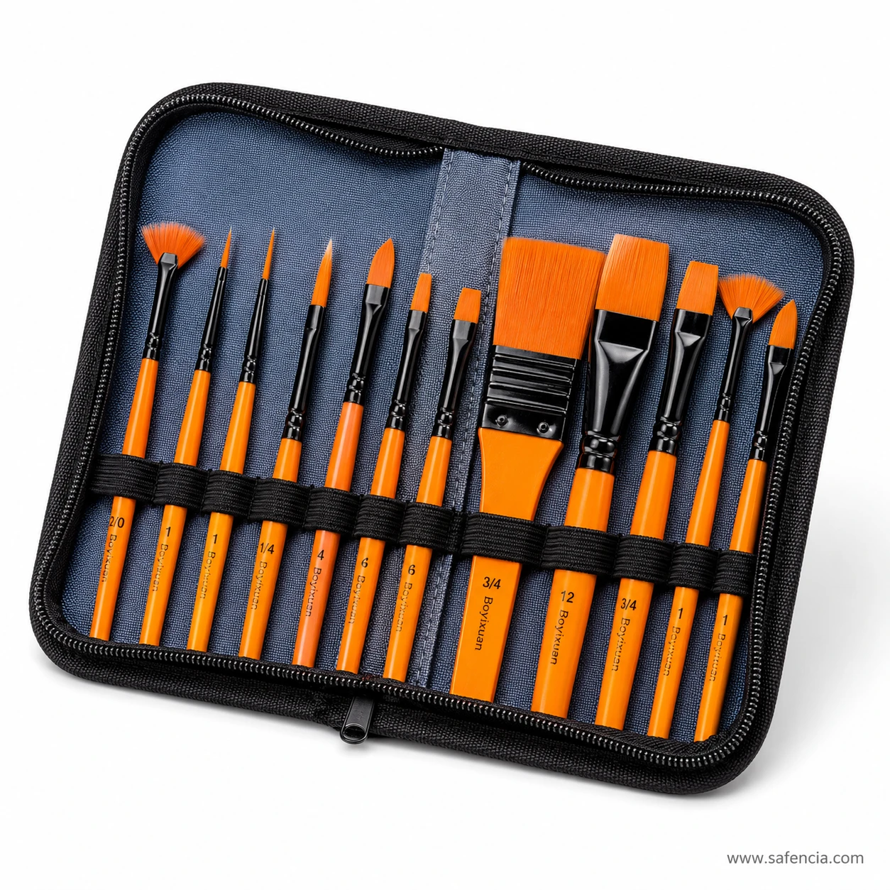 Ten Boyixuan brushes fanned out showing round, filbert, flat and fan shapes