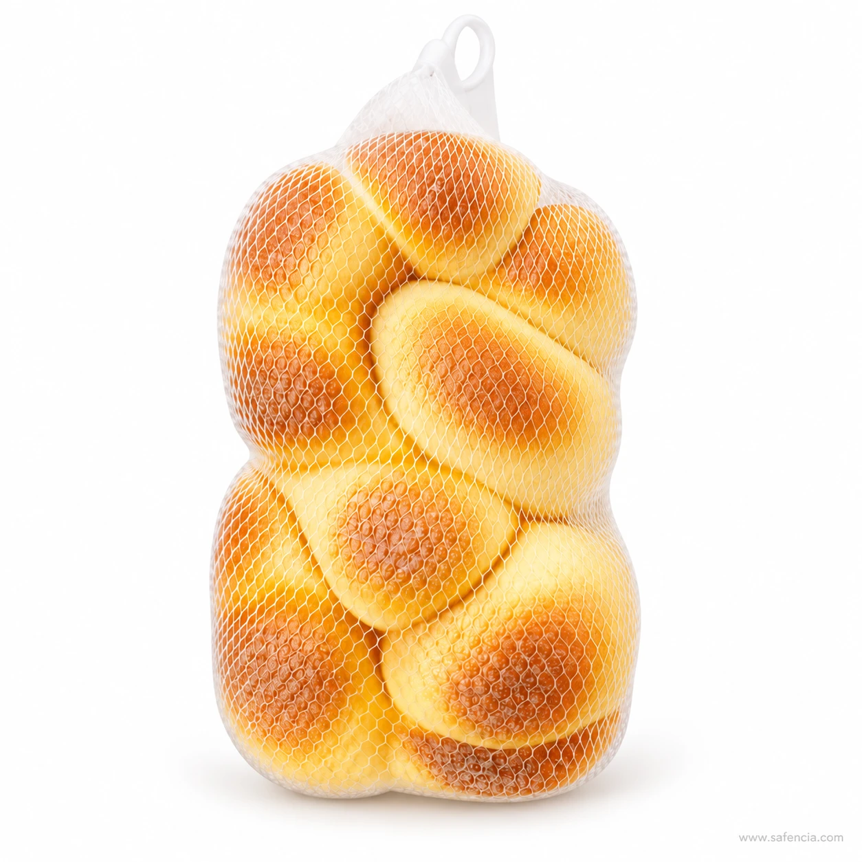 Front view of the braided bread loaf squishy standing upright in its mesh bag