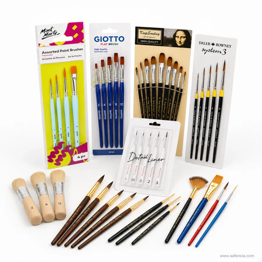 Safencia paint brush range in Pakistan — Mont Marte Discovery and Giotto flat brush packs, a Keep Smiling artist brush card, a Daler-Rowney System 3 round set, a five-piece detail liner pack and loose round, flat, fan and gesso brushes