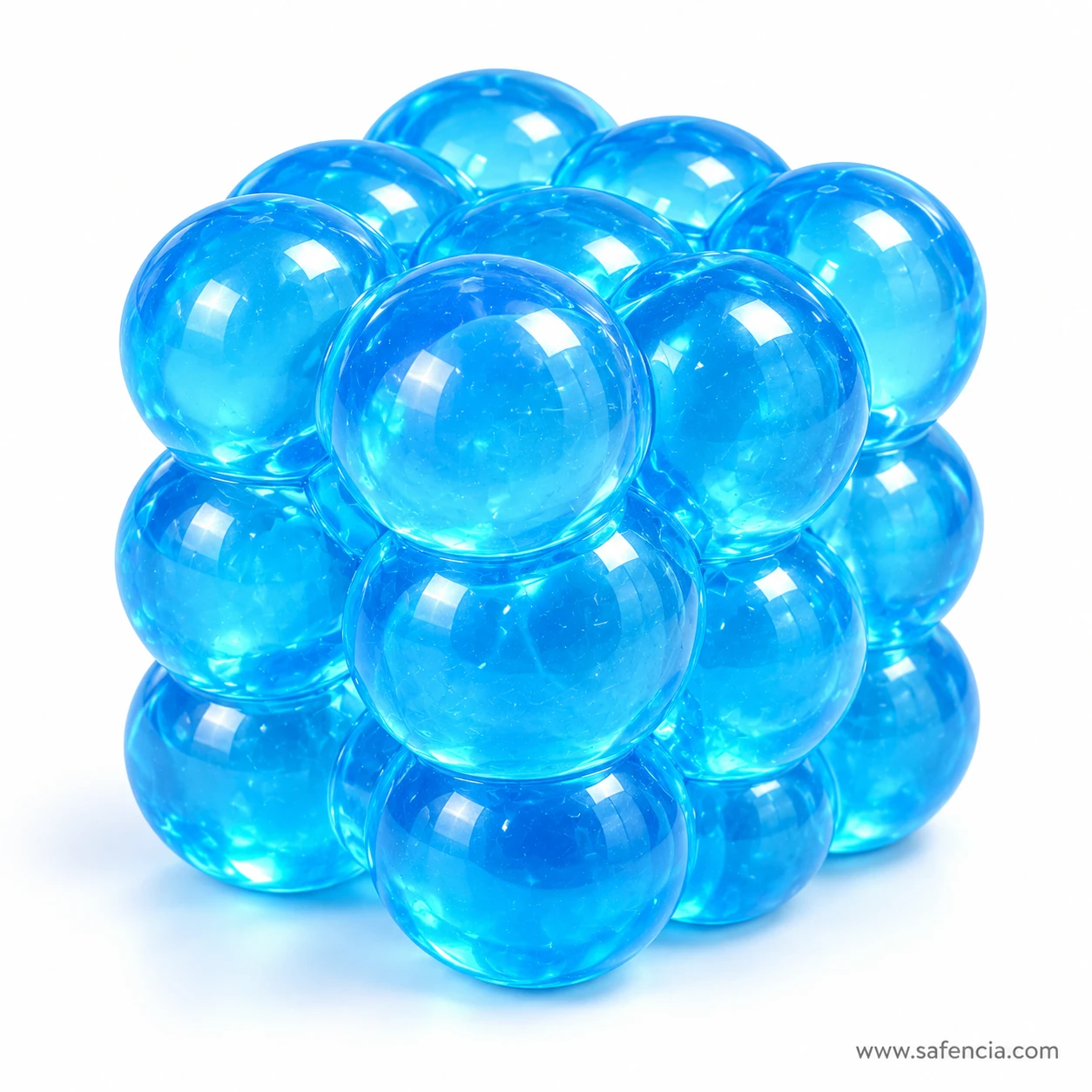 Translucent blue bubble squishy cube with light passing through its rounded bumps