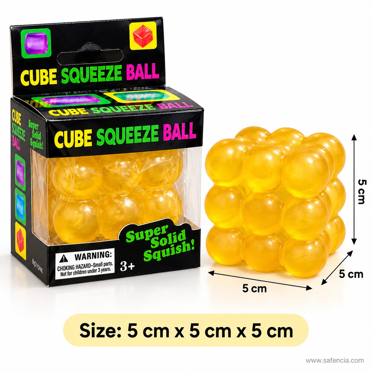 Yellow bubble squishy cube beside its box with arrows marking a size of 5 cm by 5 cm by 5 cm