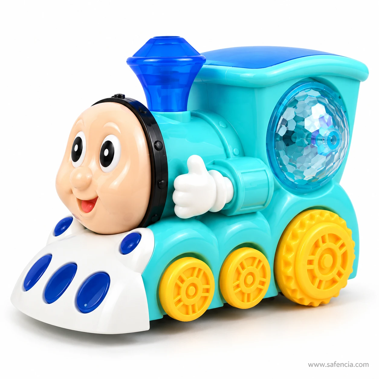 Aqua smiling bump and go train engine with clear light dome, blue chimney and yellow wheels