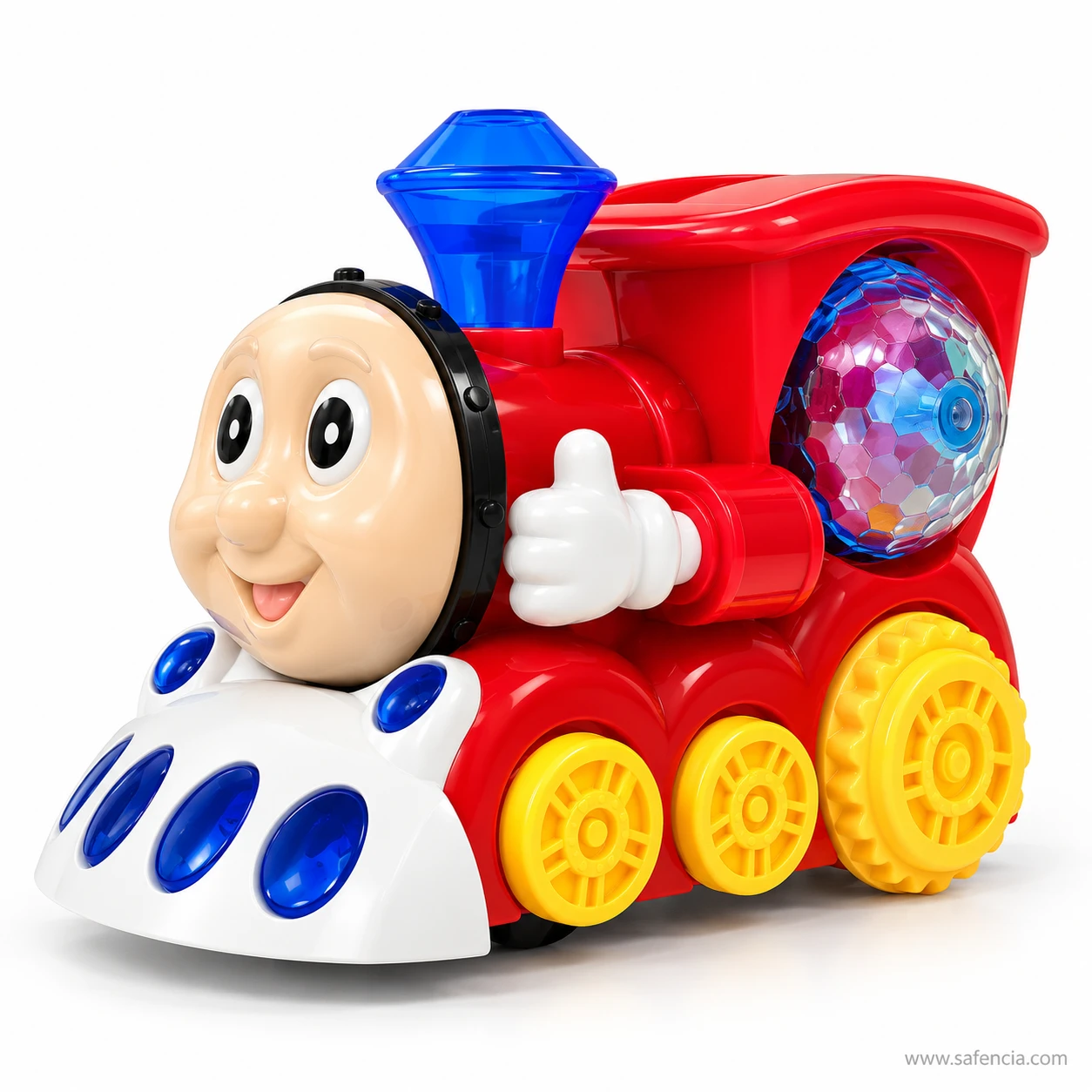 Red smiling bump and go musical train engine with multicoloured disco ball light
