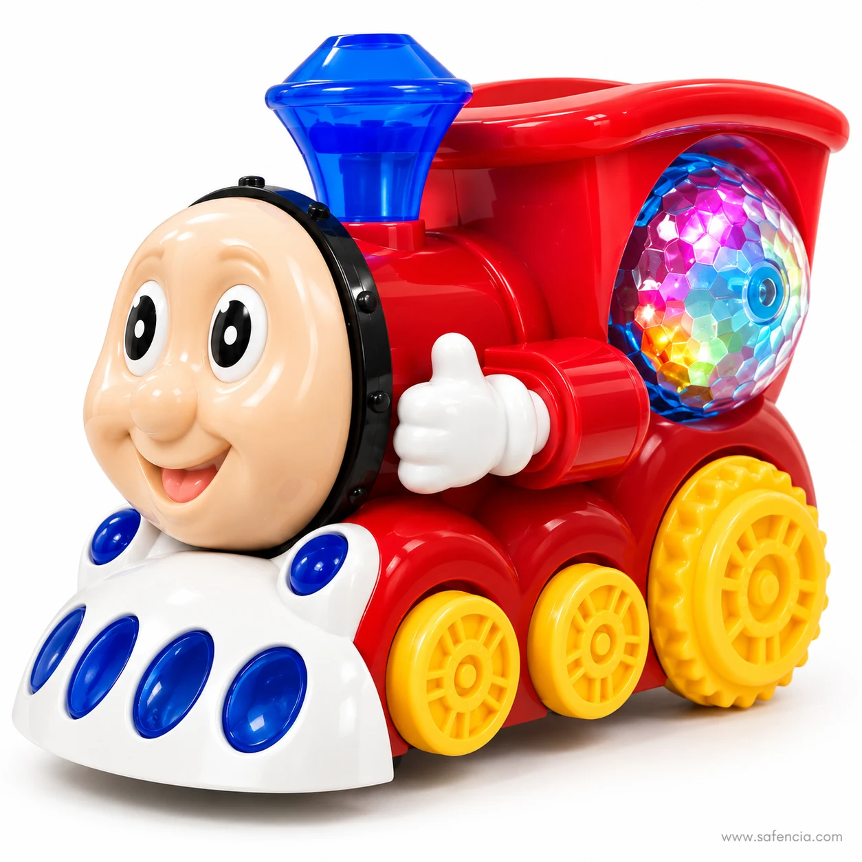Red bump and go musical train toy with smiling face and glowing disco light ball
