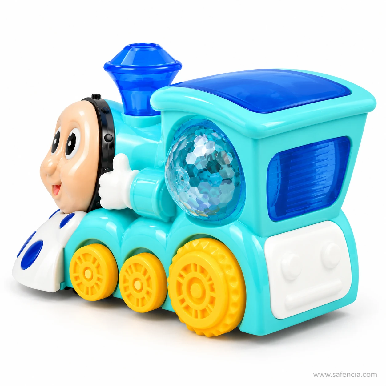 Side view of the aqua bump and go train showing the clear disco dome and blue cab window