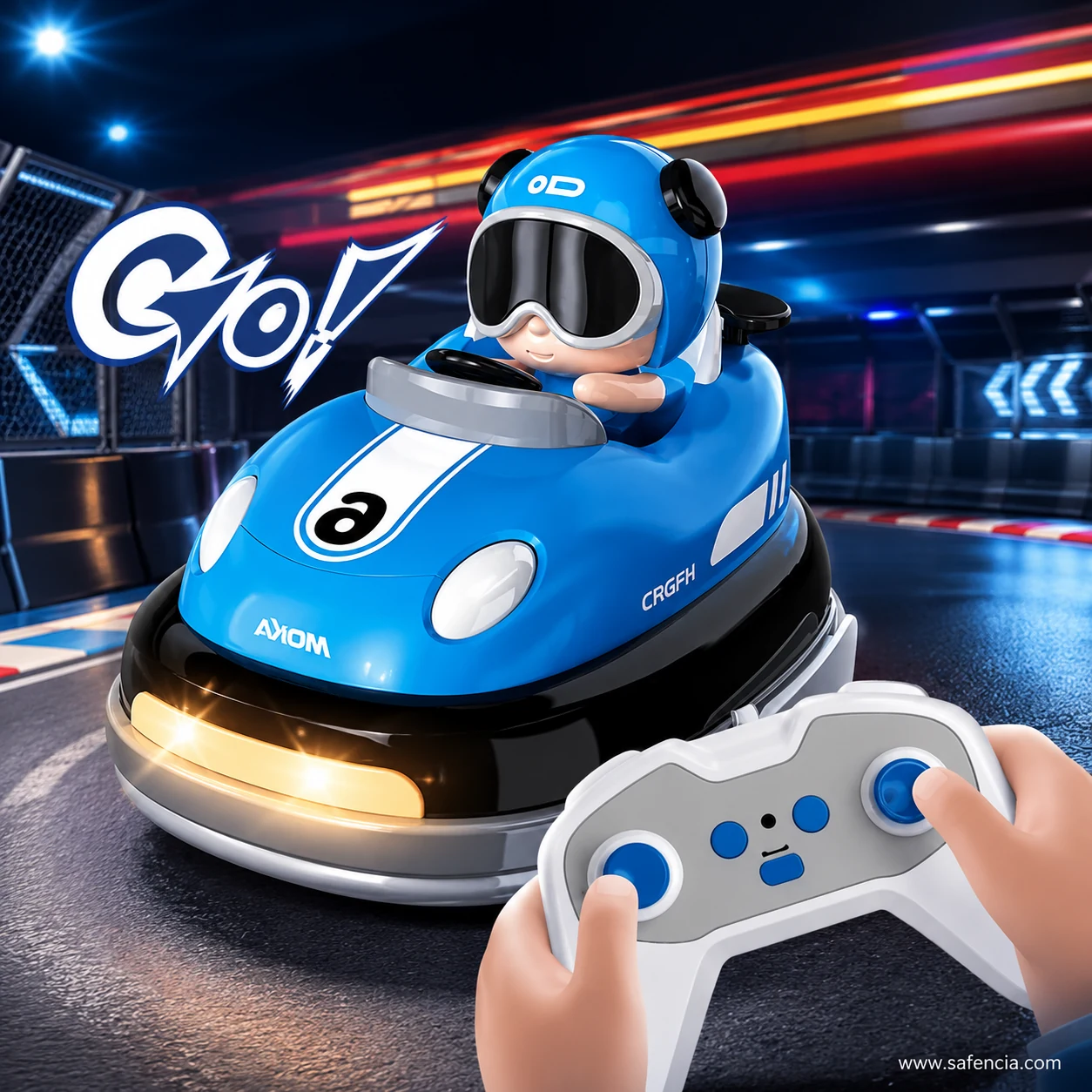 Blue RC battle bumper car close-up with goggled driver figure and 2.4G remote controller