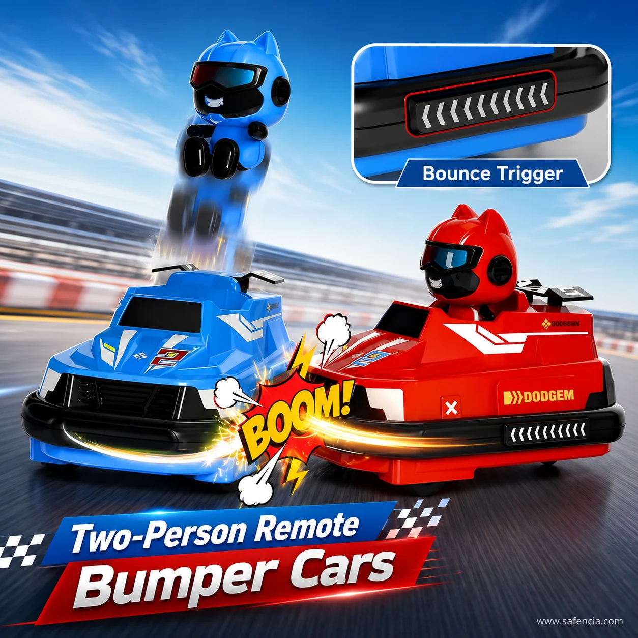 Bounce trigger close-up on the RC battle bumper car that ejects the driver figure when hit