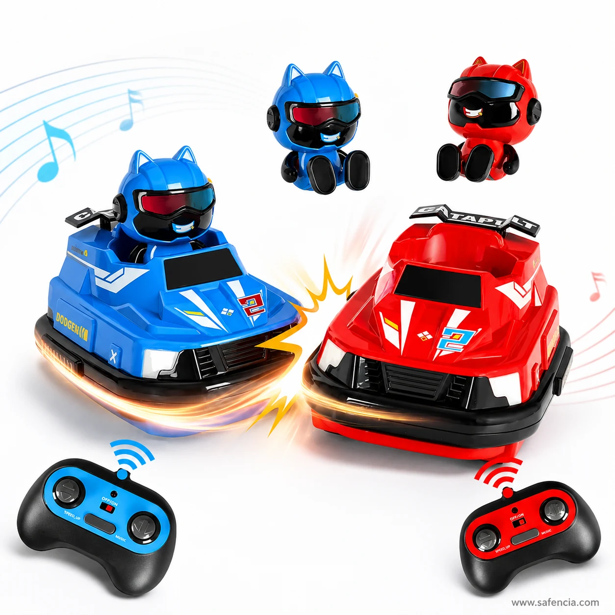 Two player RC bumper cars with cat-helmet driver figures and music sound effect remotes