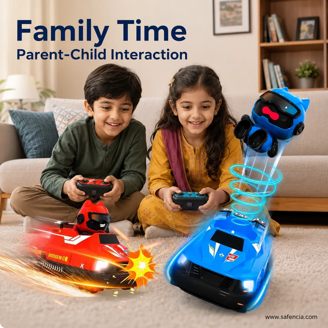 Two kids playing remote control battle bumper cars at home with red and blue cars