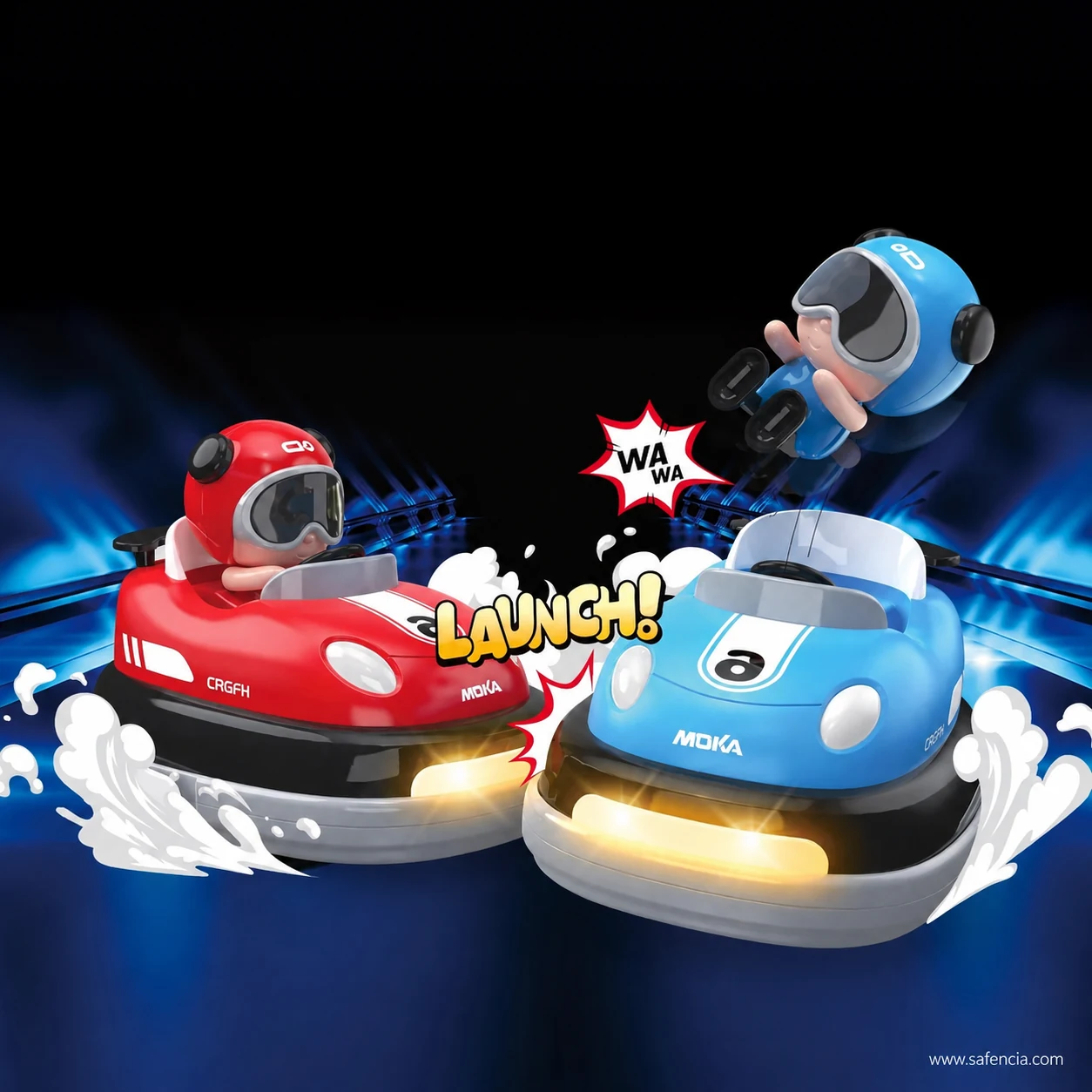 Red and blue RC battle bumper cars colliding at night with glowing front light strips