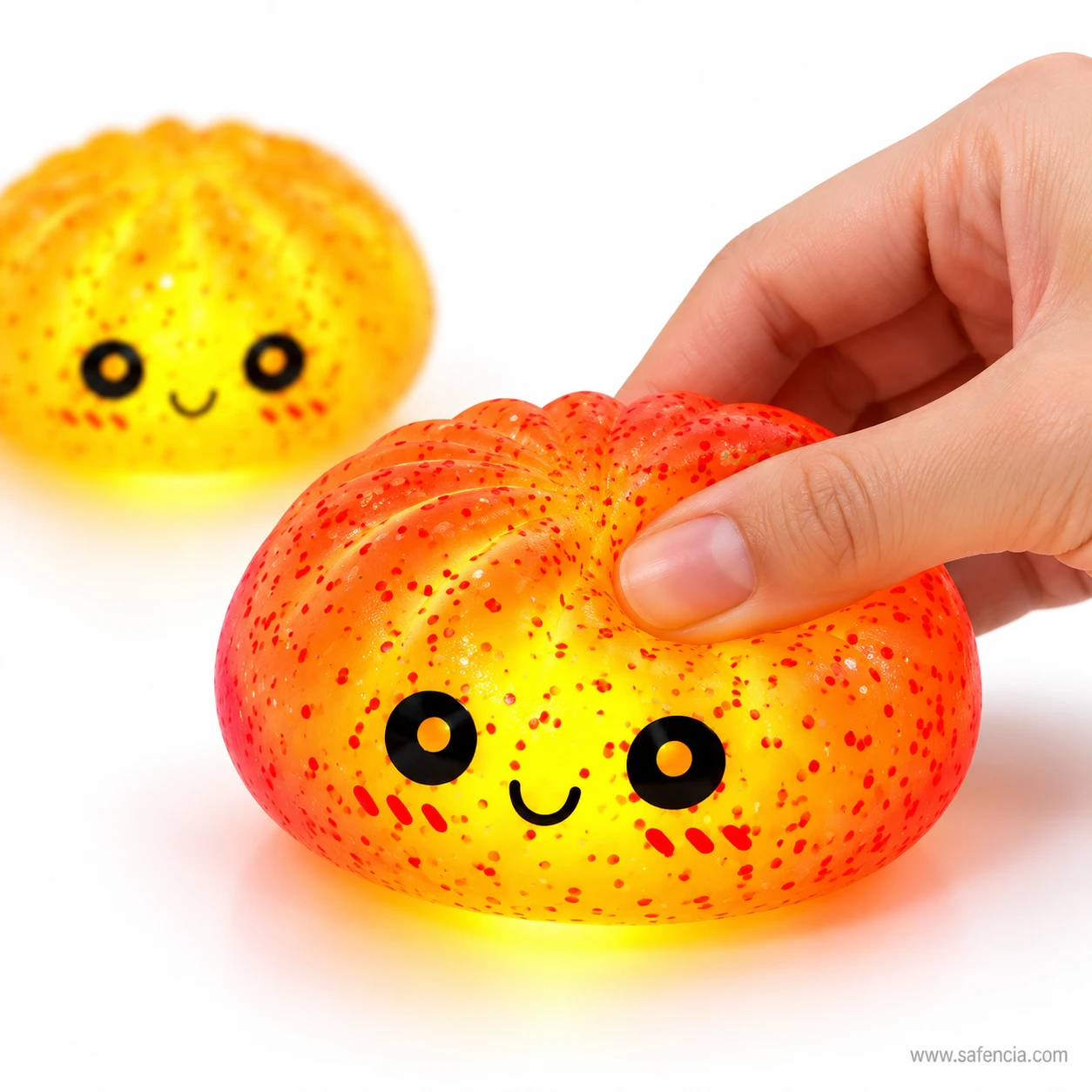 Finger pressing into a glowing orange bun squishy night light while a yellow bun glows behind it