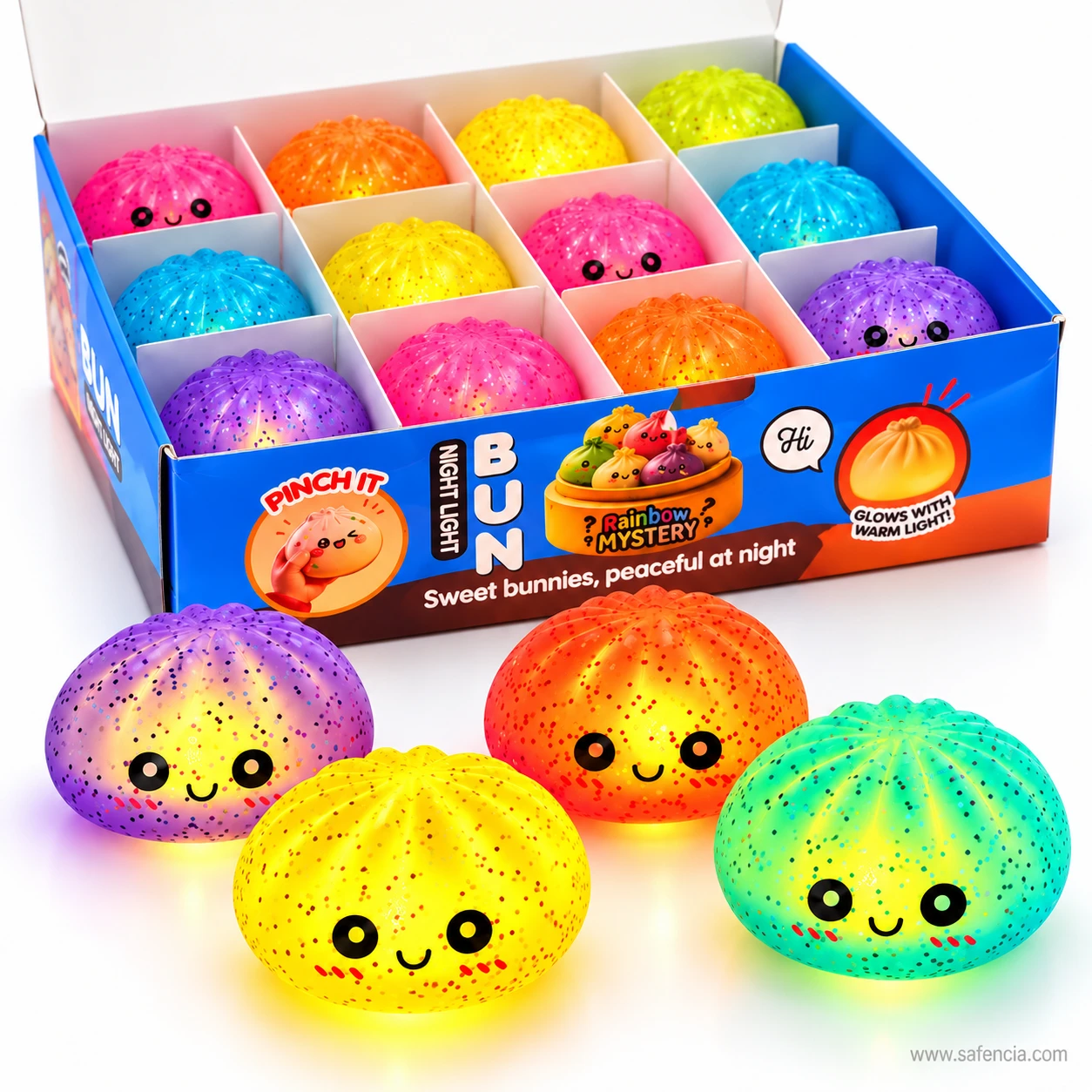 Four glowing bun squishy night lights in purple, orange, yellow and green in front of an open display box