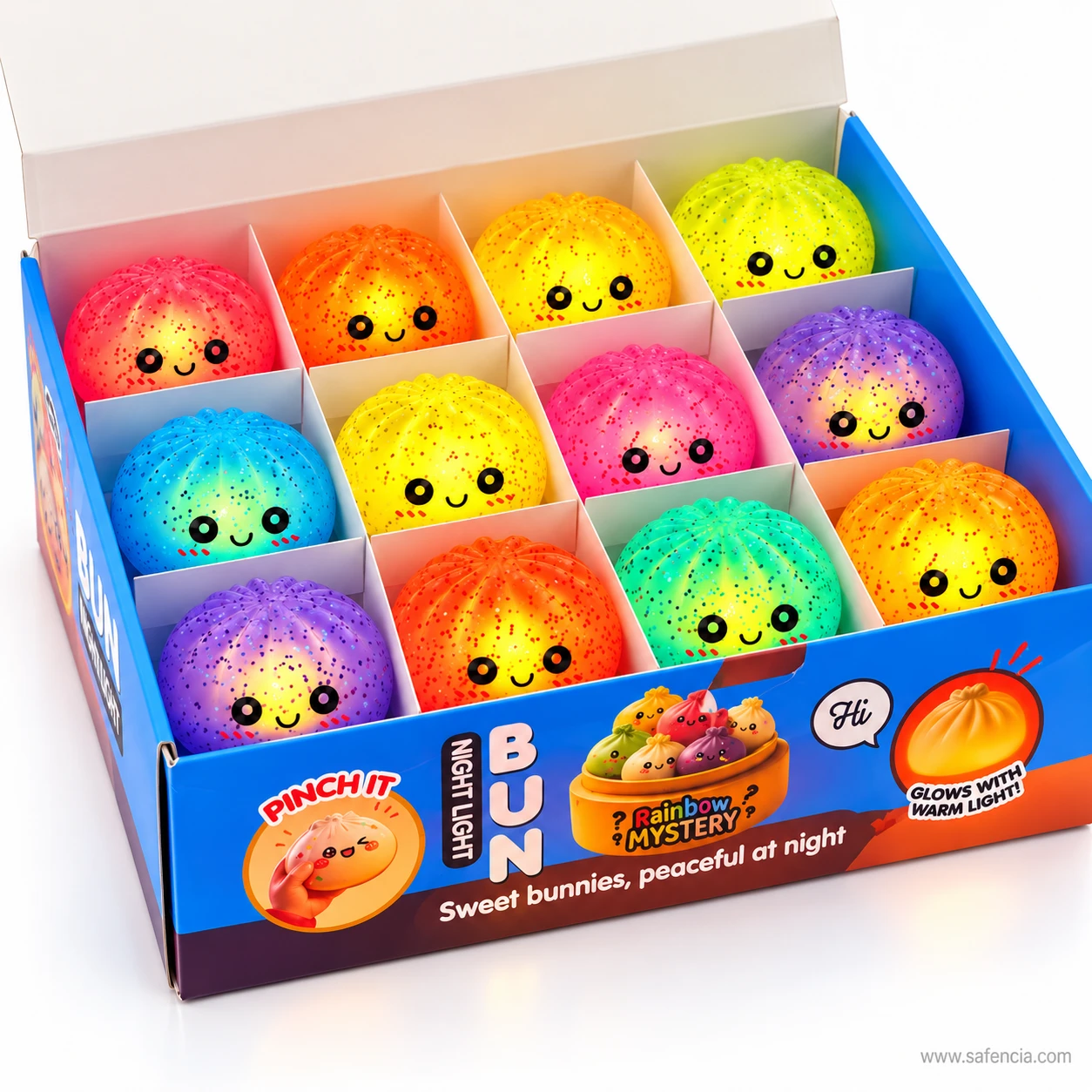 Open twelve-piece display box of glowing bun squishy night lights in rainbow colours