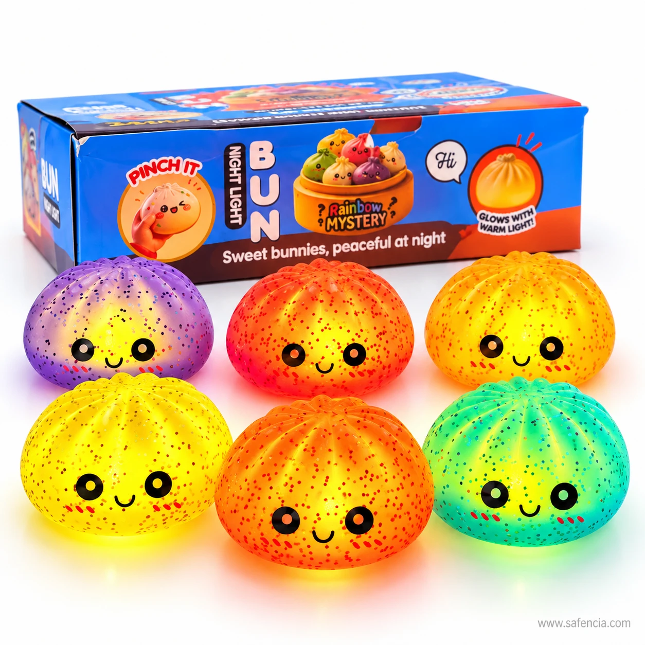 Glowing bun squishy night lights in front of a blue Bun Night Light box marked Pinch It and Glows With Warm Light