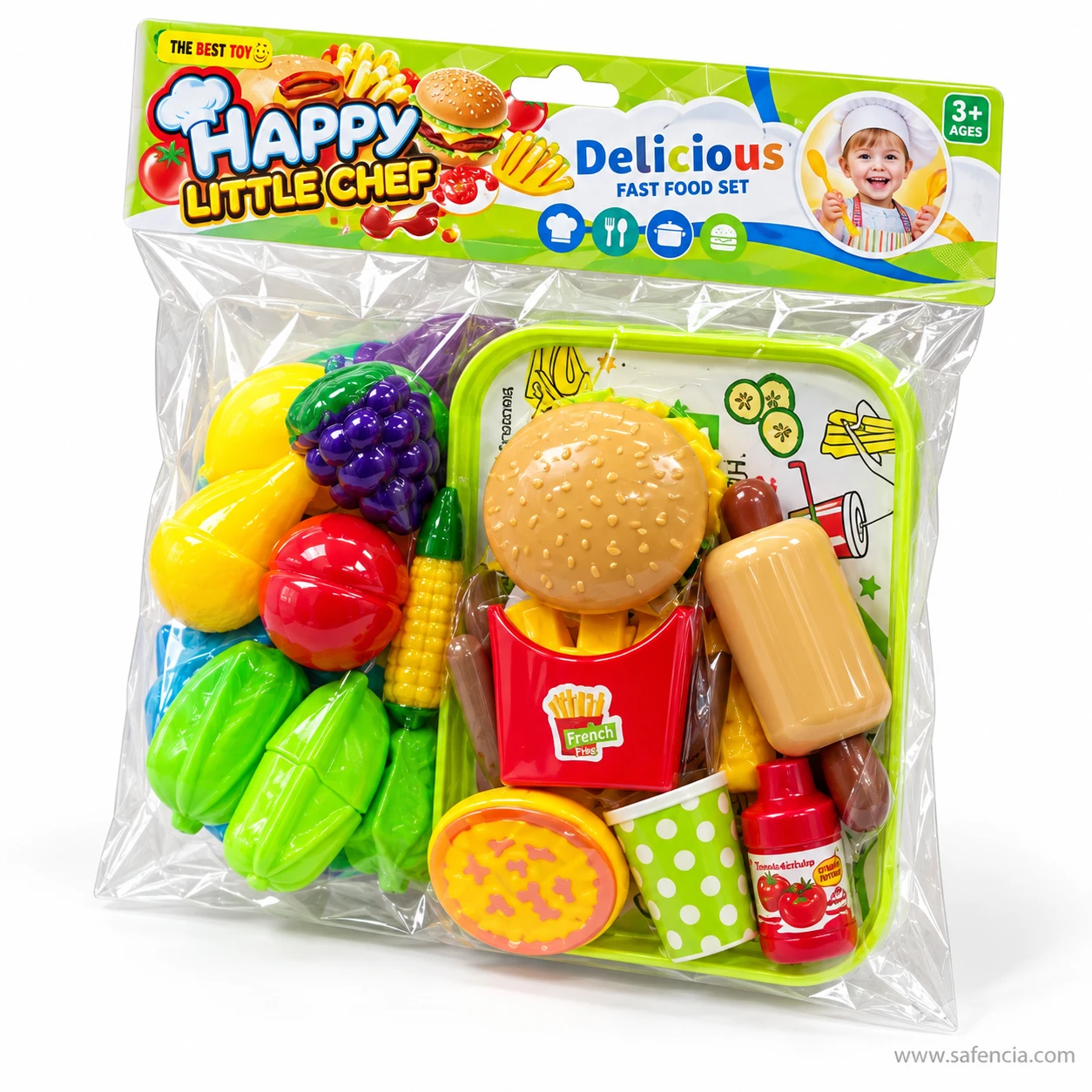 Front of the burger and fruit cutting set bag with the green tray, burger, fries, pizza and play fruit inside